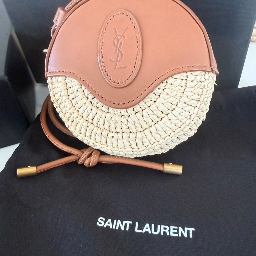 Saint Laurent Tan and Natural Raffia Round Crossbody Bag, never used.